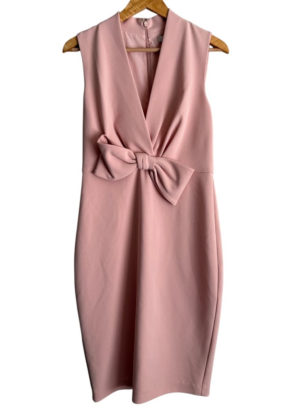Badgley Mischka Pink V-neck Bow-Accent Cocktail Sheath Dress Sz 6